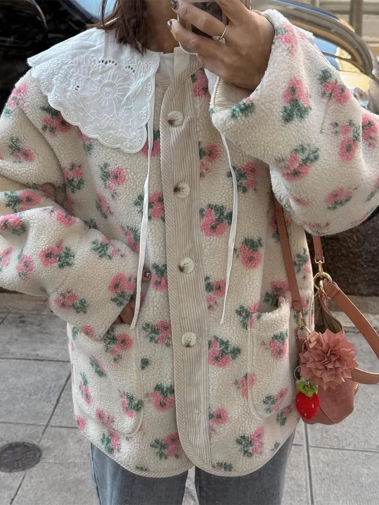 THRUM Sweet Fresh Ditsy Floral Polar Fleece Cotton Padded Coat 2026 Autumn Winter Soft Comfy Warm Loose Casual Floral Outerwear