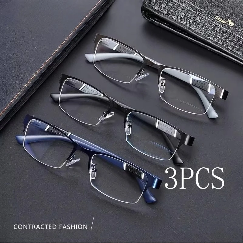 3 paires de lunettes de lecture anti-lumière bleue pour hommes, monture demi-cerclée, lunettes de vue pour hommes d'affaires, lunettes pour personnes âgées, avec correction +100