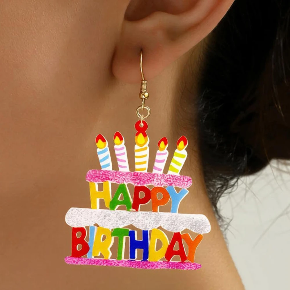 Creative Atmosphere Party “Happy Birthday” Letter Birthday Cake Candles Pendant Earrings Festival Commemorative Earrings
