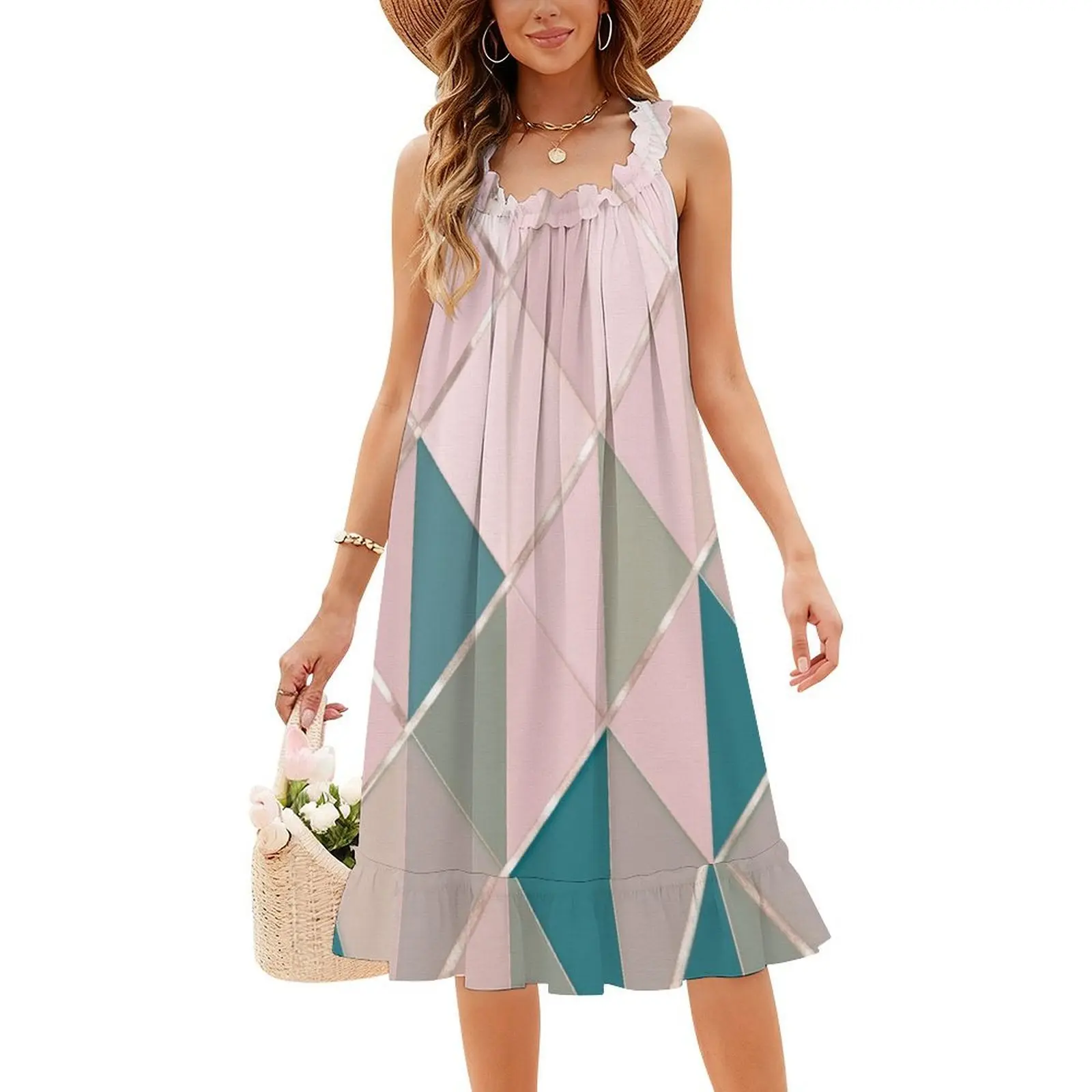 هندسة الباستيل الناعمة مع خطوط فستان بوهيمي عتيق بأكمام منتفخة أو خيارات بدون أكمام للنساء فستان باستيل ناعم