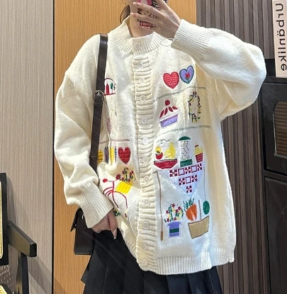 Fashion Cartoon Embroidered Black Sweater Coat for Women Autumn Winter Thickened Loose Casual Retro Knitted Cardigan Top Female