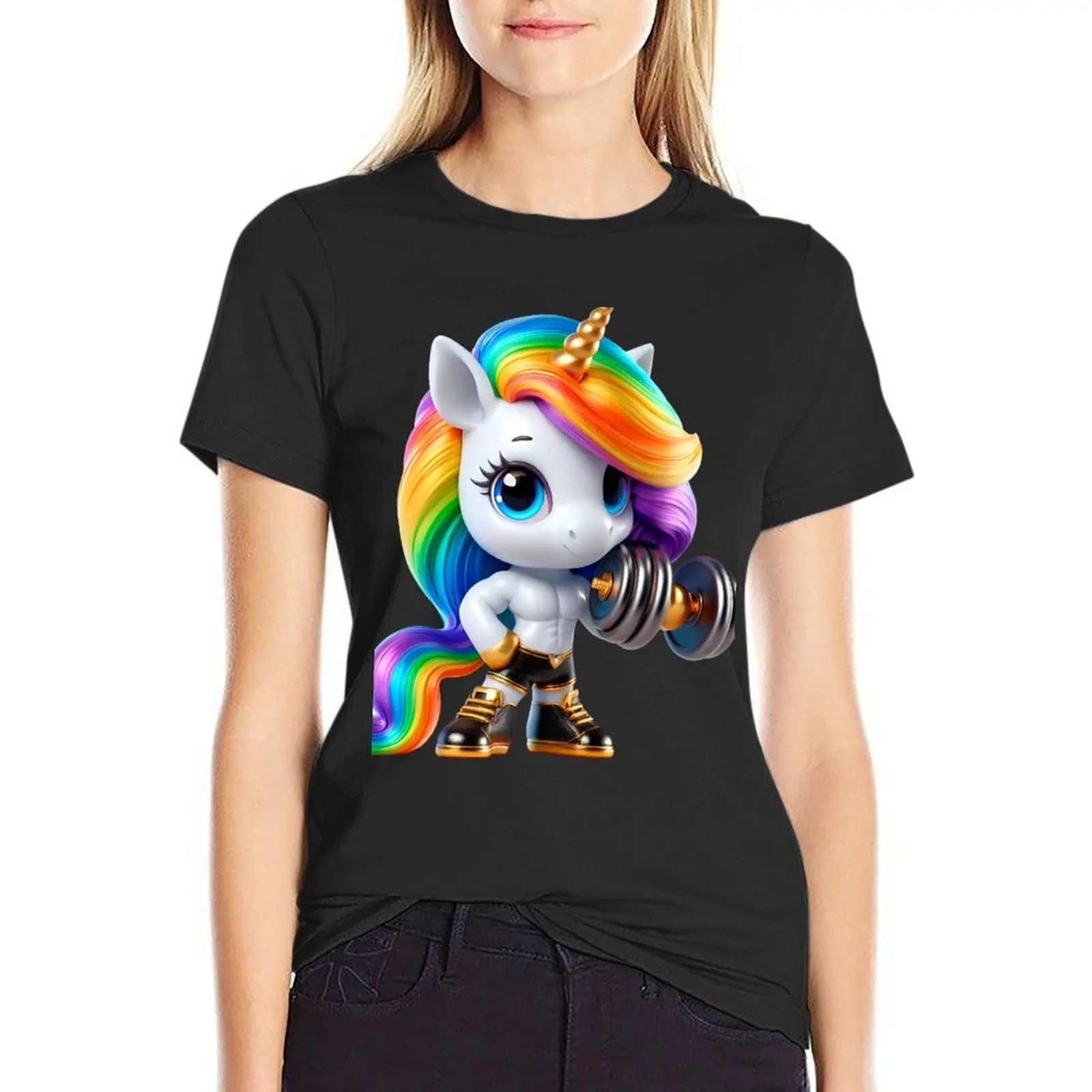 Cute Strong or Muscular Rainbow Unicorn with dumbbell in hand No. 10 T-Shirt oversized anime clothes cute t-shirts for Women