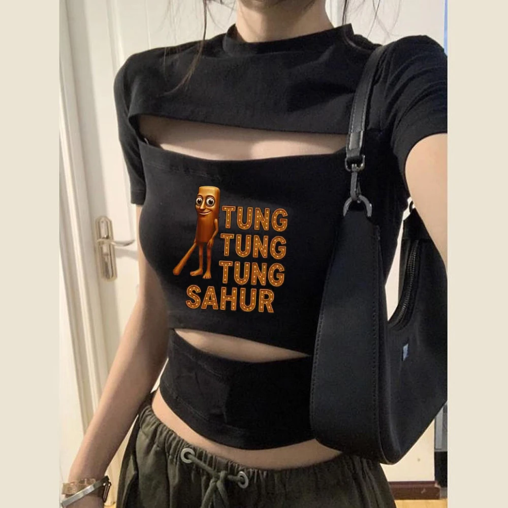 Tung Tung Sahur crop top shoujo gothic grunge gyaru clearance sales scene  t-shirt cute funny gothic y2k