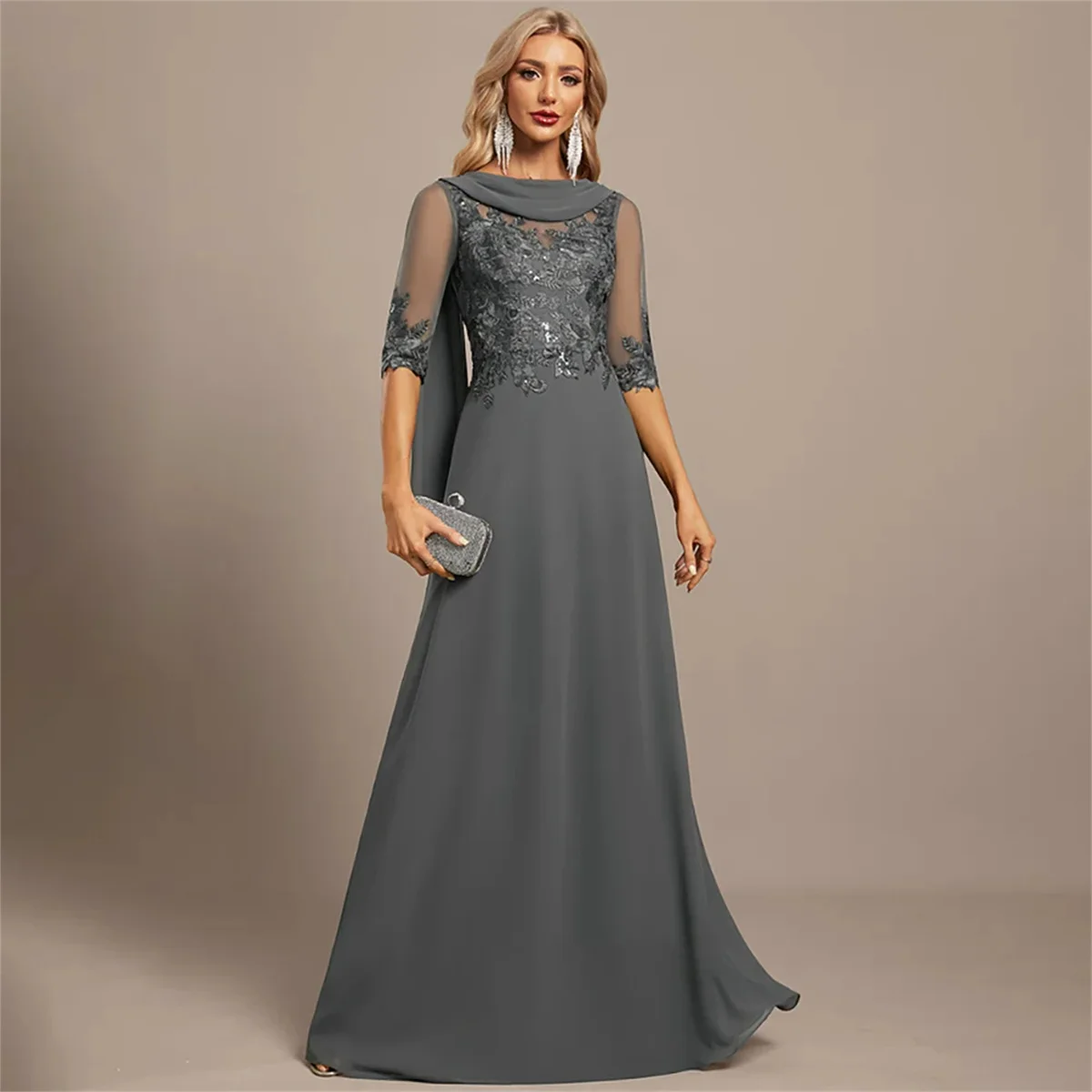 فساتين أم العروس أنيقة مزينة بالدانتيل على شكل حرف A مع وشاح نسائي نصف كم ورقبة قارب فساتين سهرة للحفلات الراقصة #1