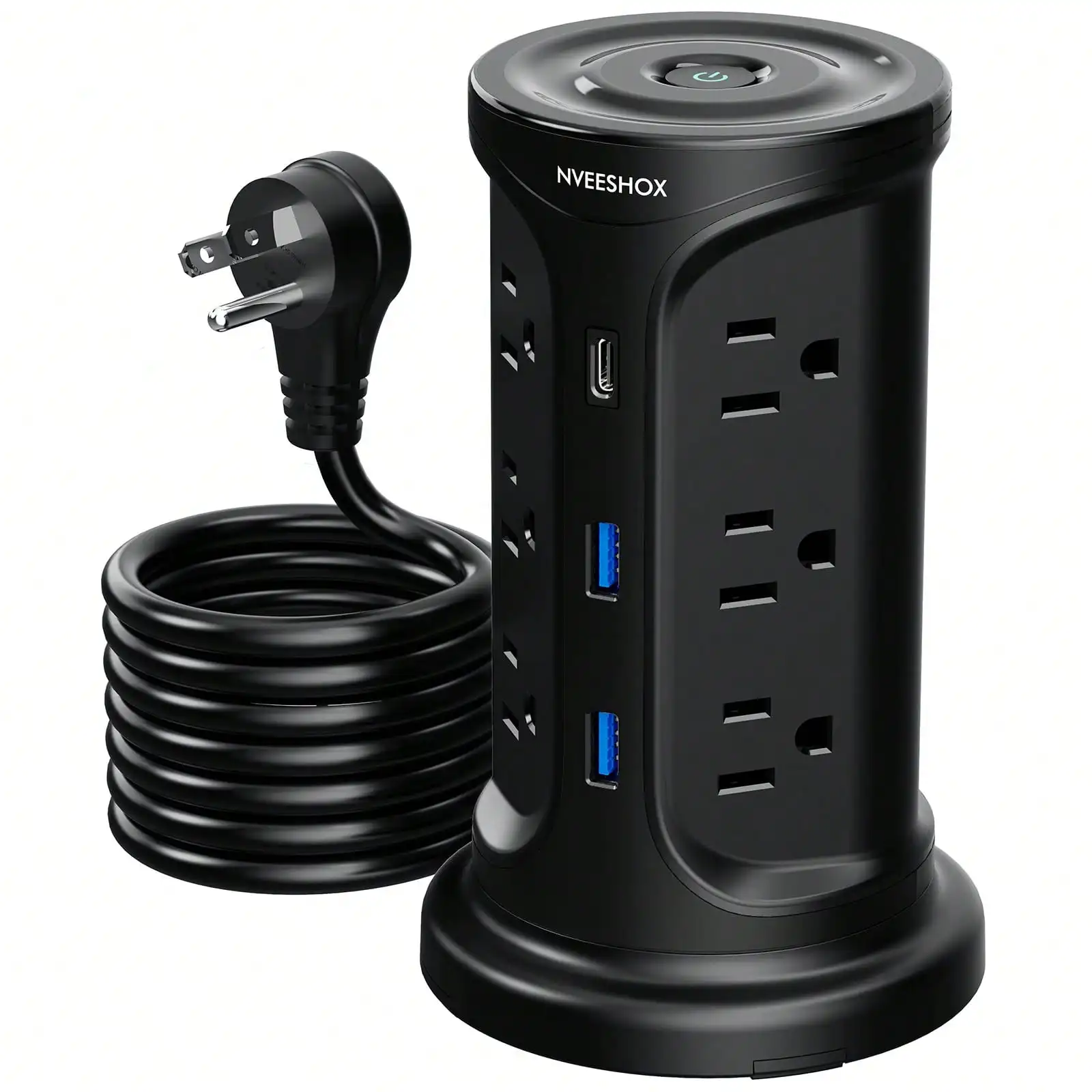 

NVEESHOX Surge Protector Power Strip Tower With 4 USB Ports (Type-C), Outlet Extender Extension Cable 6.5 Ft, 1080 Joules, 12 AC