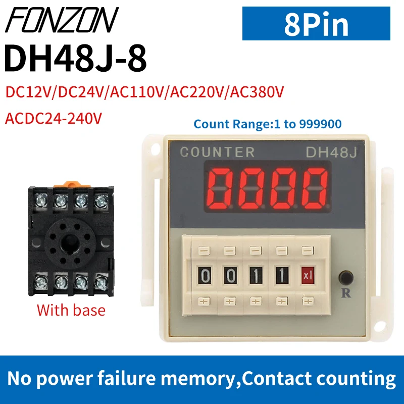 DH48J-8 8 Pin Counter Relay DC12 24V AC110V 220V 380V Contact Signal Input Digital Counter Relay Led Counter 1-999900 With Base