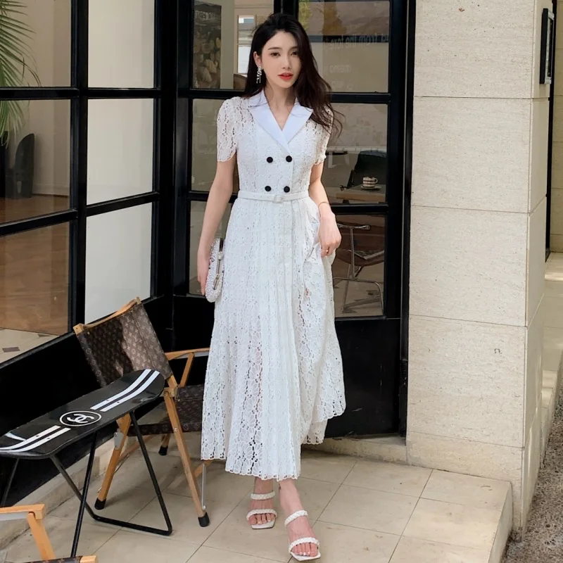 Brand Designer Holiday Summer White Lace Prom Dress Women Shirt Polo Double Breasted Embroidery Long Wedding Vestidos Midi Robe