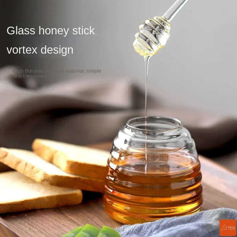 Glass Honey Jar Glass Honeycomb Tank Kitchen Tools Honey Storage Container with Dipper and Lid Honey Bottle for Party Kitchen