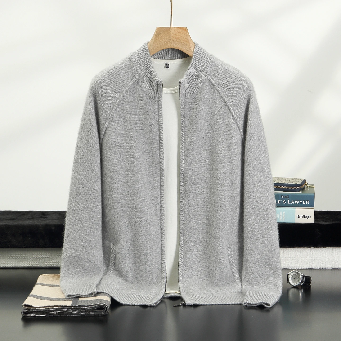 Men's 100% Cashmere Stand Collar Zipper Cardigan Jacket Solid Color Knit Sweater Coat With Pockets For Autumn Winter Daily Wears