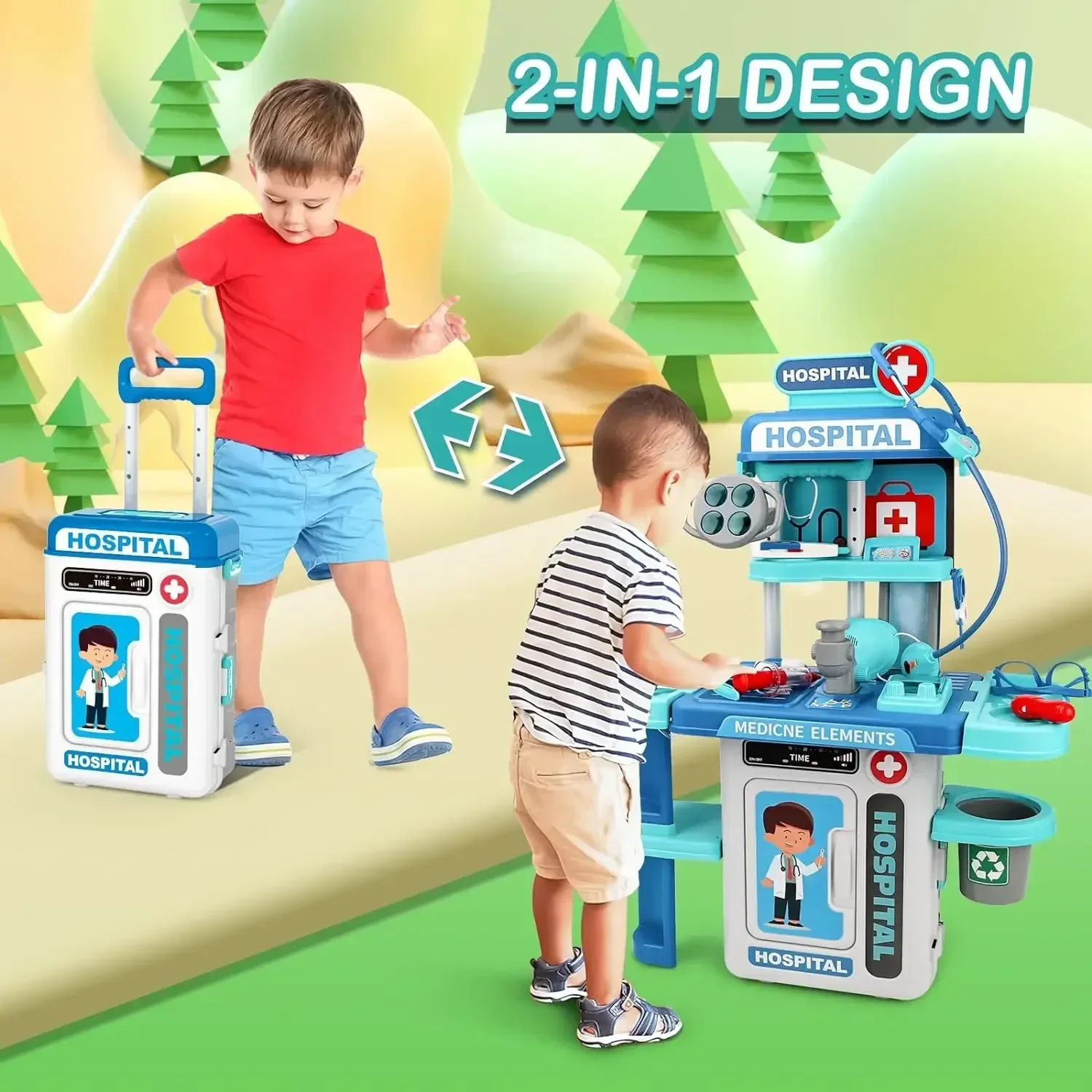 Kit de médecin 2 en 1 pour enfants, Station médicale de jeu de simulation avec stéthoscope, thermomètre, sons et lumières, jouets de médecin pour garçons et filles