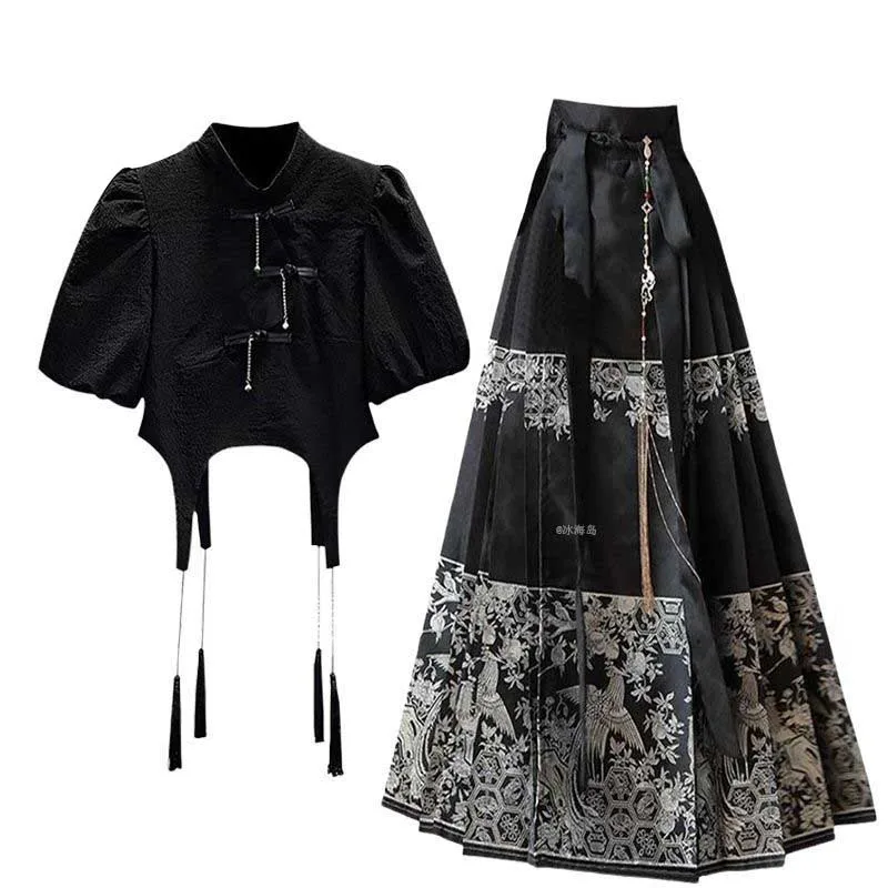 Summer2025Nuevo estilo Hanfu de estilo chino diseño superior adelgazante y ocultando carne conjunto de dos piezas de falda de cara de caballo de estilo chino