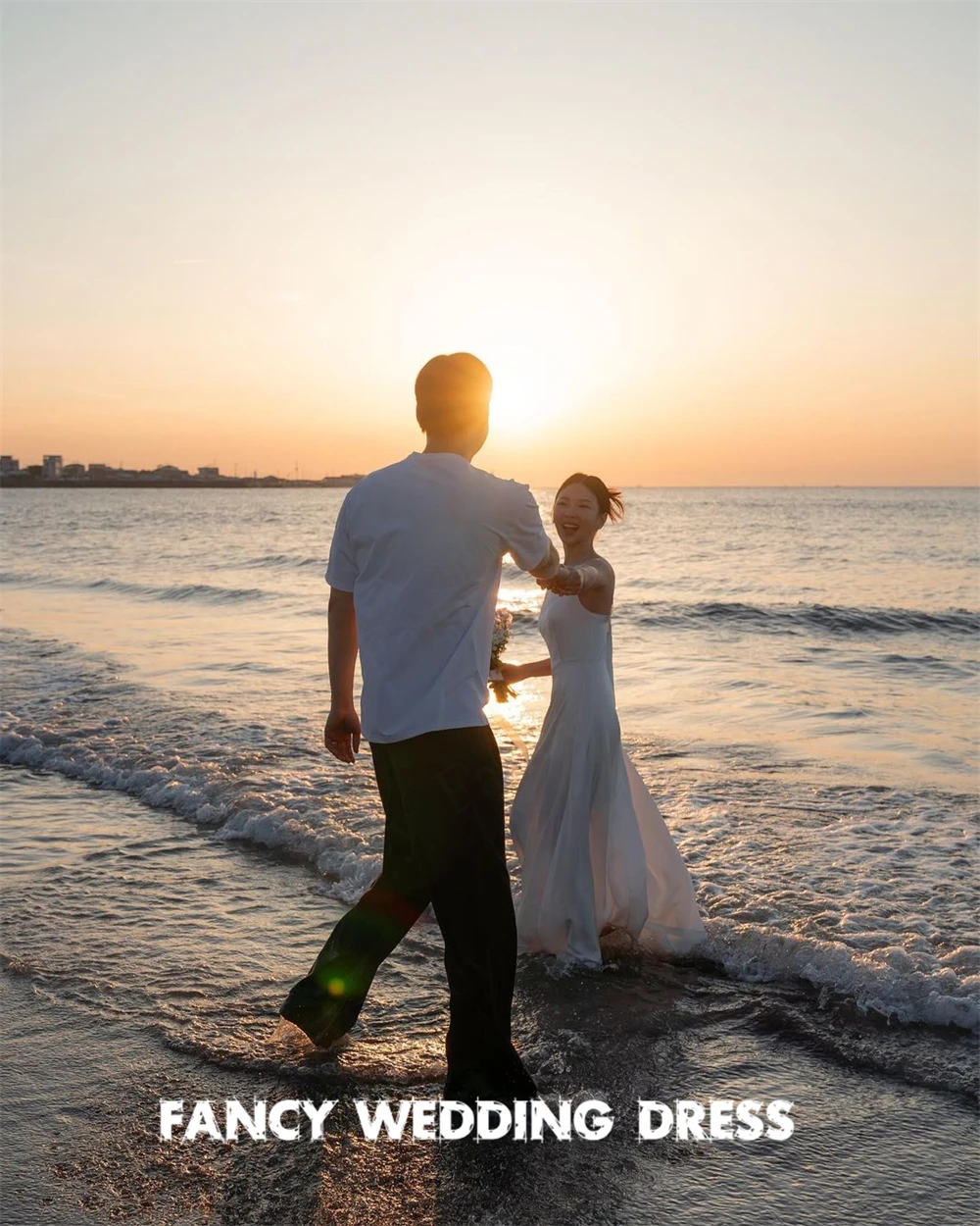 Vestido de novia coreano sencillo y elegante con cuello redondo, vestido de novia sin mangas de satén suave, vestido de noche de satén elástico personalizado