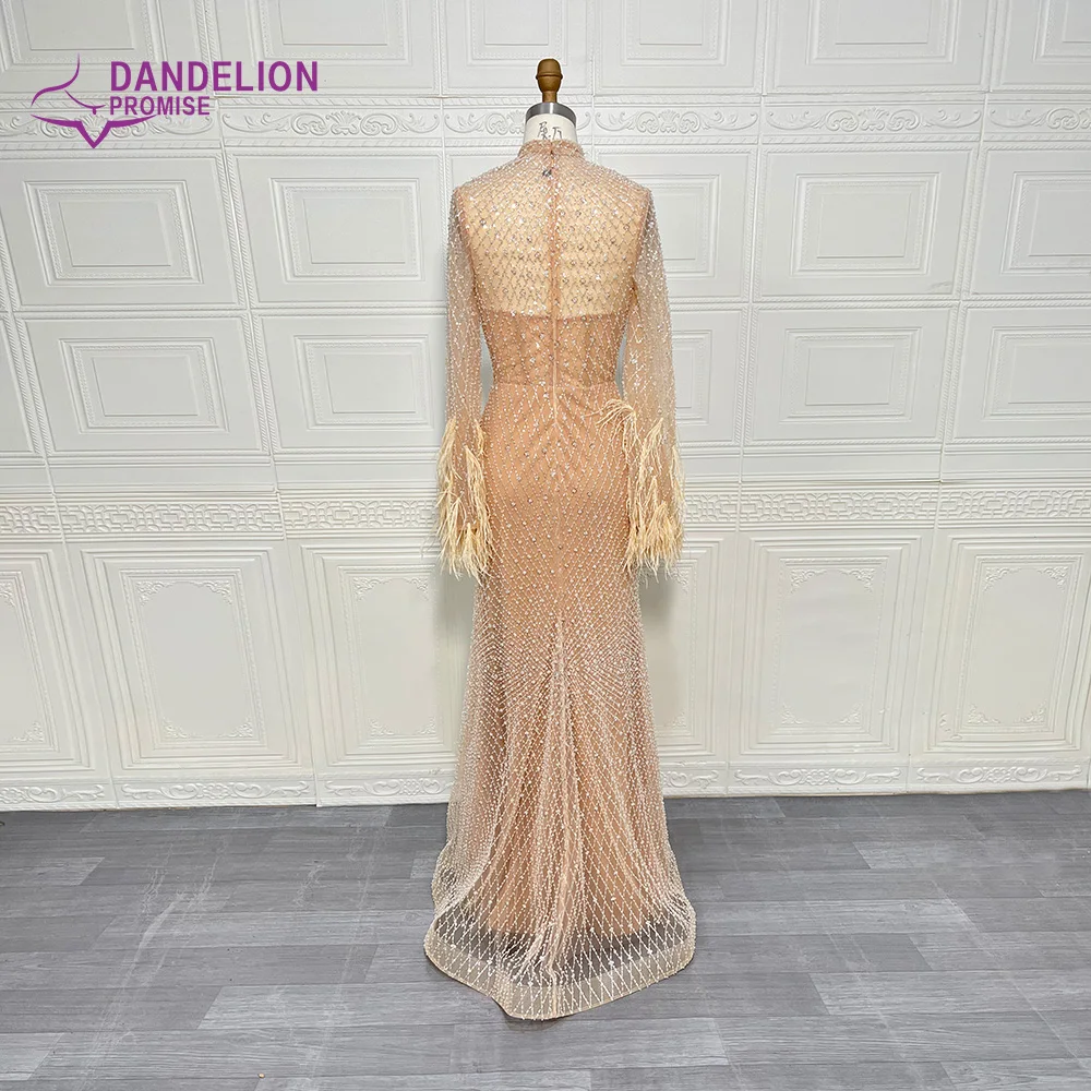 Luxury Dubai Feathers Nude Evening Dresses 2024 Long Sleeves Beaded Elegant High Neck Arabic Wedding Formal Party Gowns