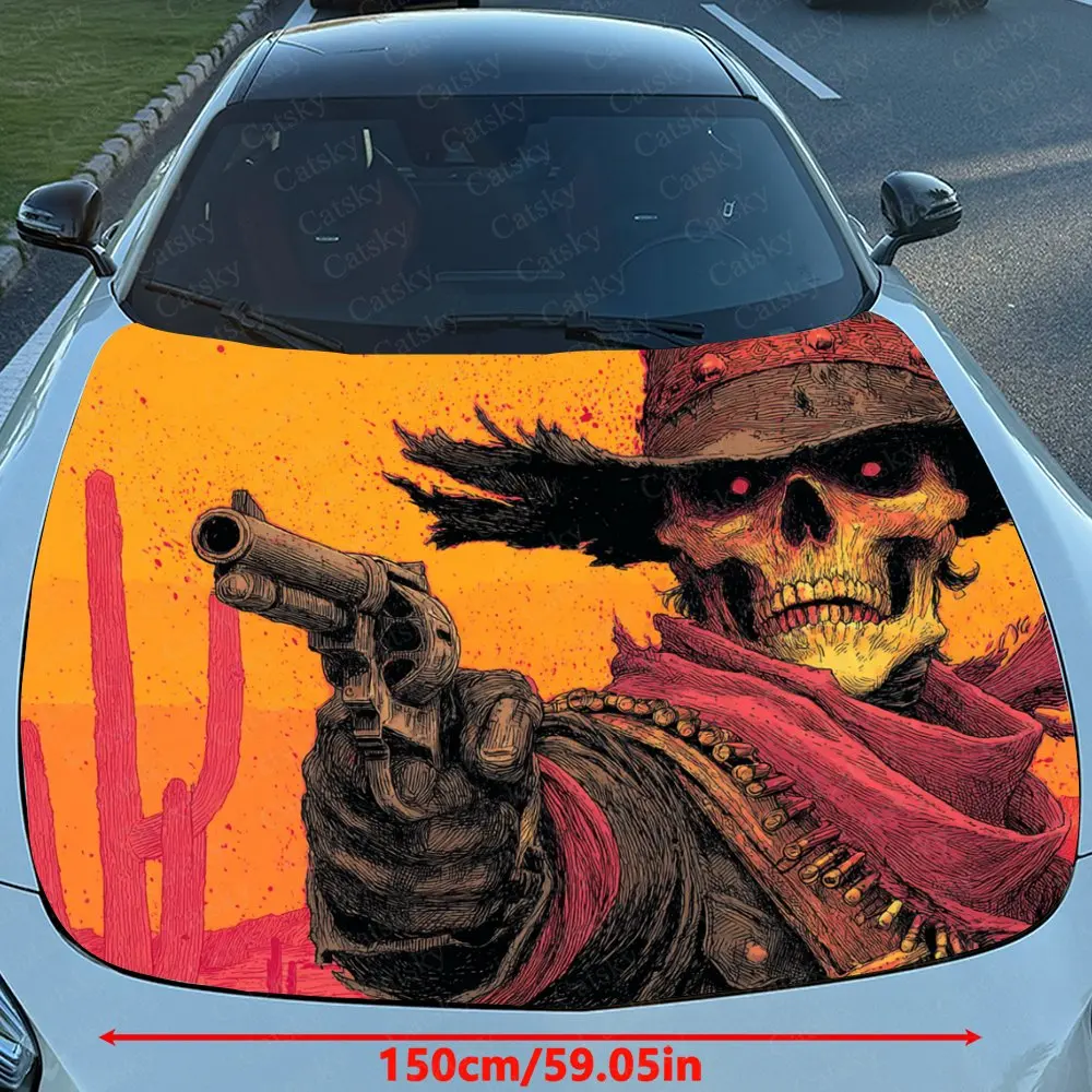 Skeleton Cowboy With A Gun Car Hood Sticker, Premium Vinyl Sticker For Automotive Exterior Customization, Durable PVC Vinyl Wrap