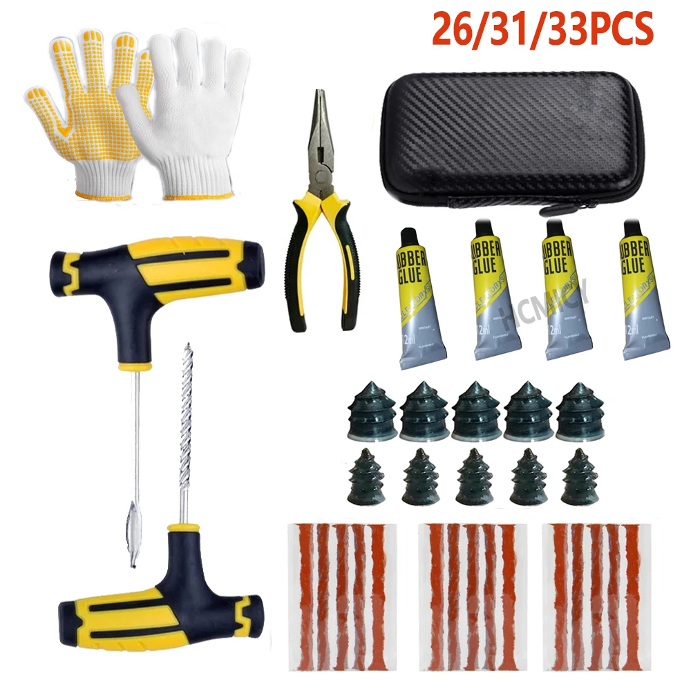 26/31/33 stücke Auto Reifen Reparatur Kit Punktion Stecker Werkzeuge Reifen Punktion Notfall für Universal Reifen Streifen Stiring kleber Reparatur Werkzeug