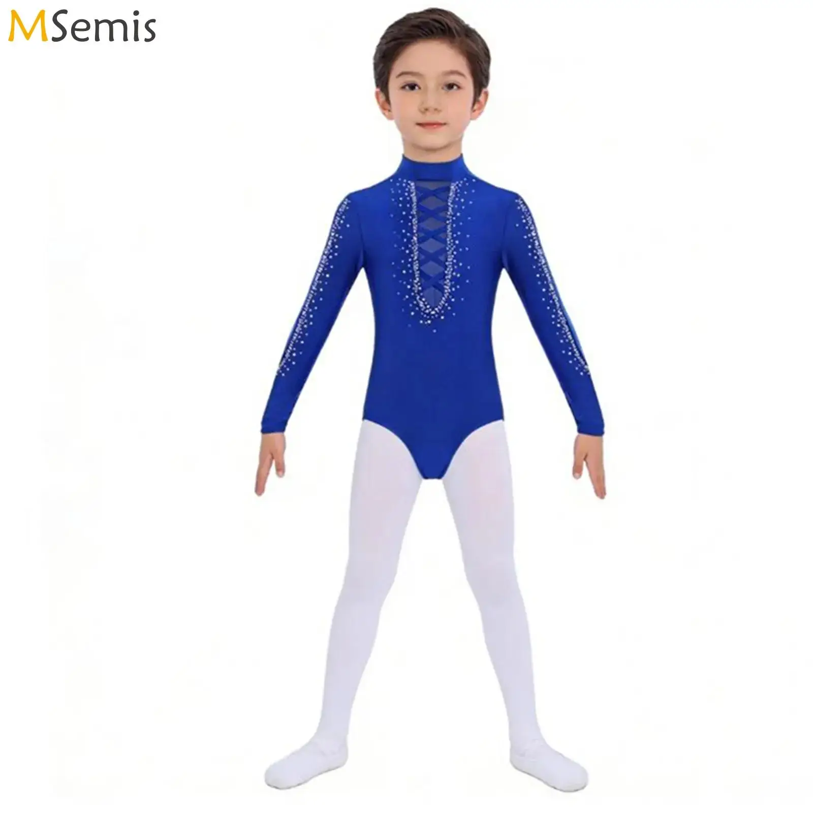 أطفال بنين لامعة الراين الجمباز الإيقاعي الشكل التزلج قاعة الباليه جيرسي ملابس رقص الجمباز شبكة طويلة الأكمام ارتداءها