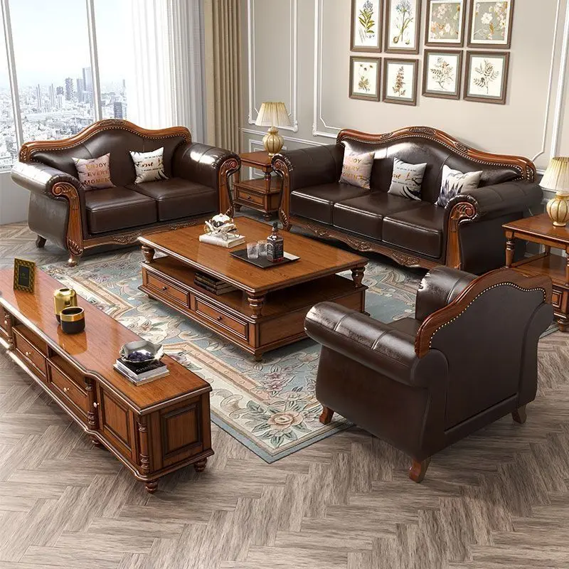 CX light luxury solid wood leather sofa first layer cowhide medium antique straight row sofa