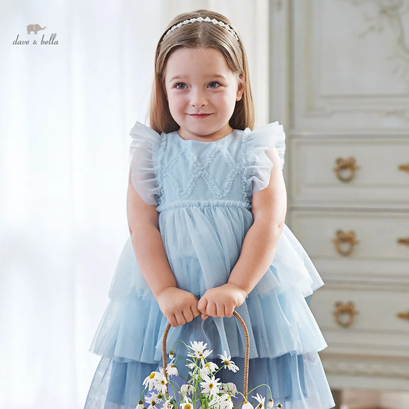 

Dave Bella Girl's Princess Dress 2024 New Summer Children's Baby Sleeveless Blue Mesh Layered Dress Cute Sweet Party DB2240502