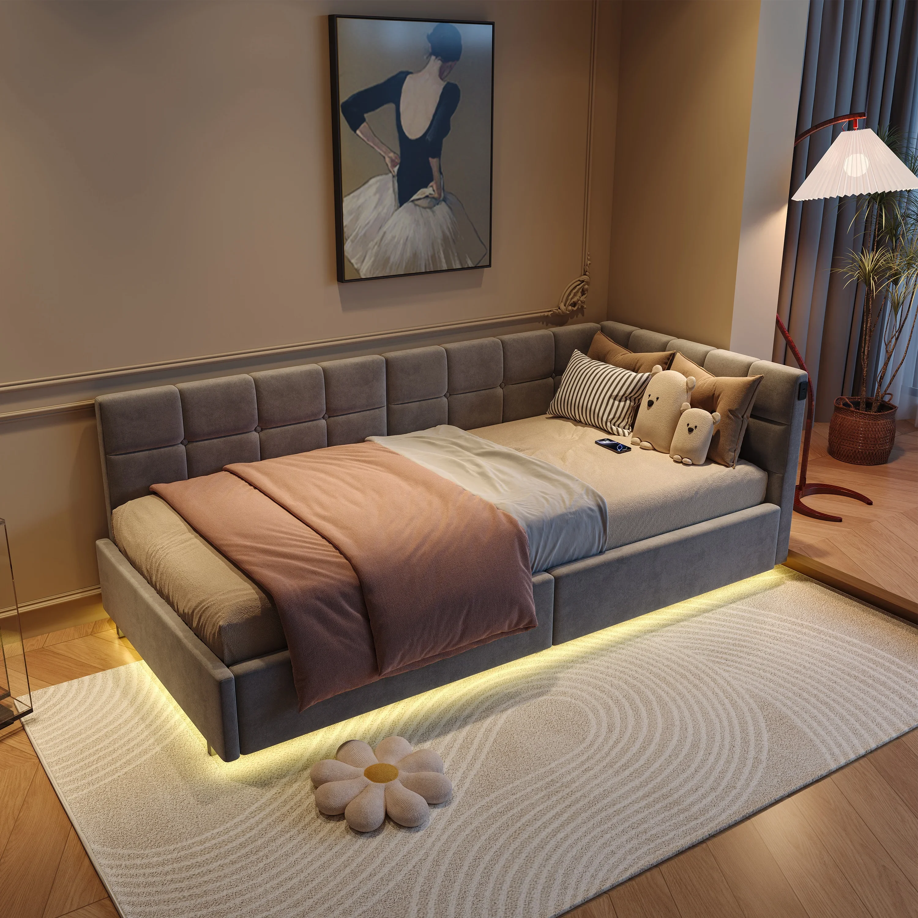 Rosahqnda eenpersoonsbed 90 x 200 cm, gestoffeerde slaapbank, met LED-verlichting en USB, jeugdbed met lattenbodem, dagbed, zonder matras