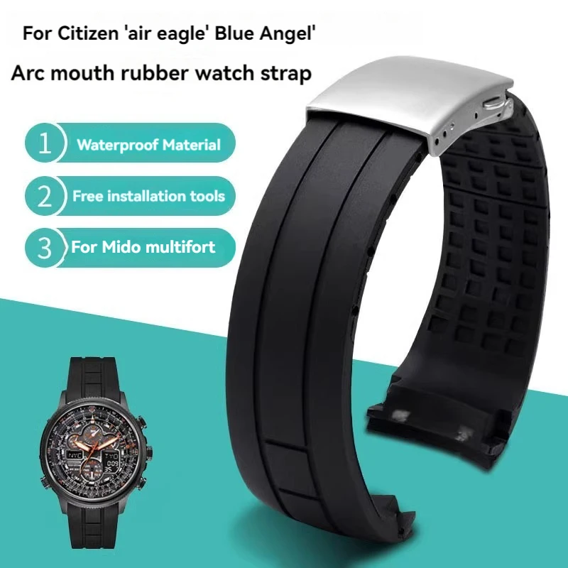 Curved End Bracelet For Citizen Sky Eagle Arc Rubber Watch Strap for Mido Helmsman M005 Waterproof Black Watchband 22mm 23mm