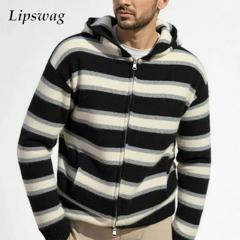 خمر التباين اللون مخطط سترة متماسكة رجل الخريف جديد عادية سحاب أكمام طويلة جاكت مزود بغطاء للرأس الرجال محبوك Sweatercoats