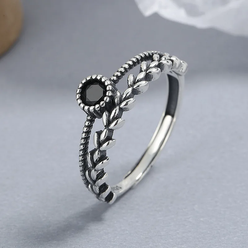 S925 Tibetan Silver Wheat Ear Black Zircon Adjustable Ring Retro Minimalist Finger Band Vintage Fashion Hand Jewelry for Women