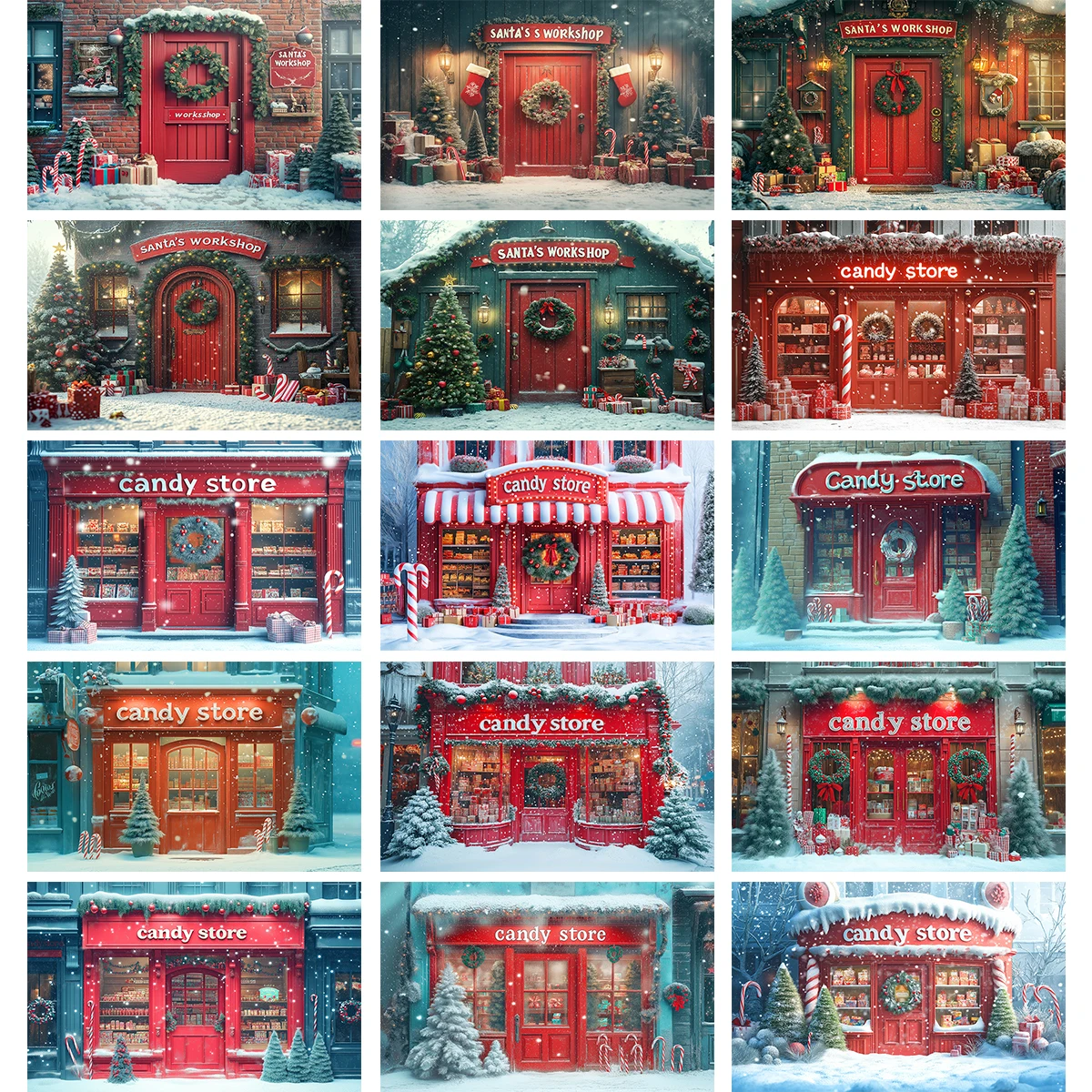 

Christmas Candy Store Backgrounds Adult Kids Portrait Photography Backdrop Snowfall Streets Cottage Photocall Photo Studio Props
