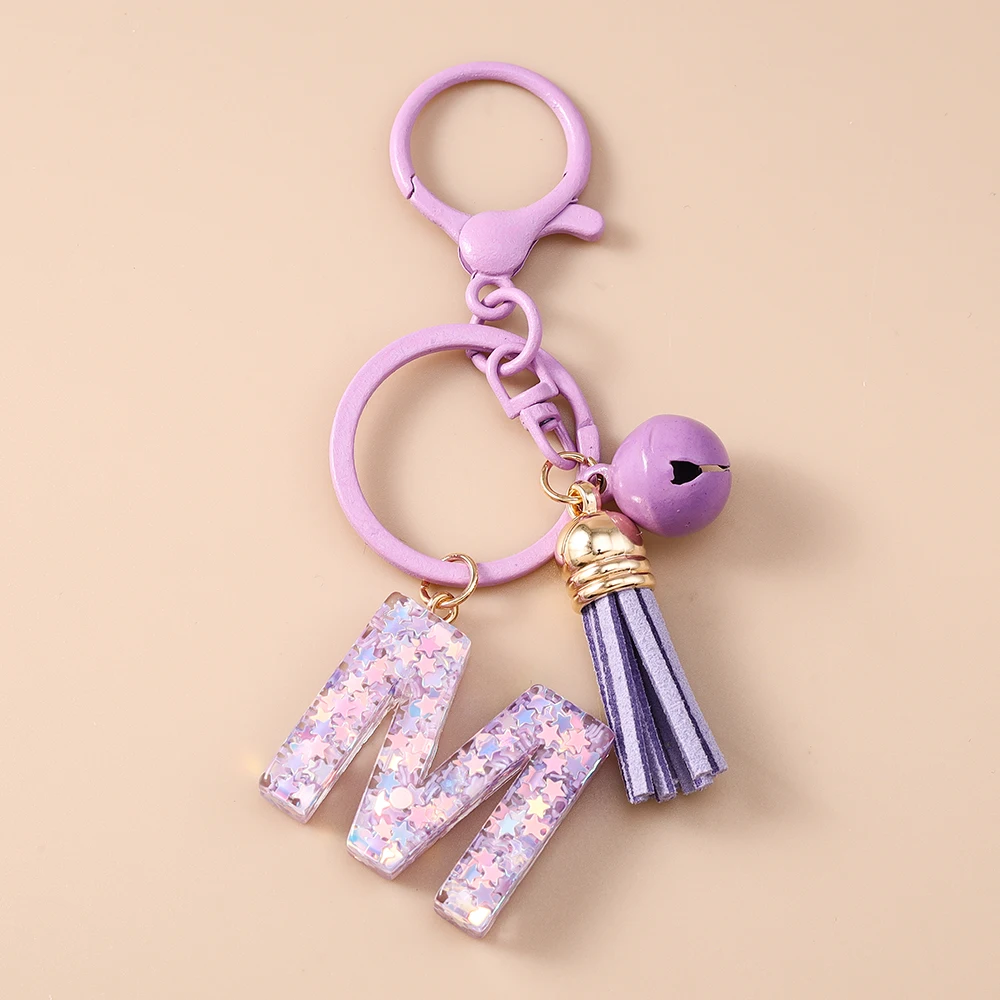 Fashion Purple Tassel Alphabet Keychain 26 Initials Letter Key Ring for Women Girls Handbag Pendants DIY Handmade Jewelry Gifts