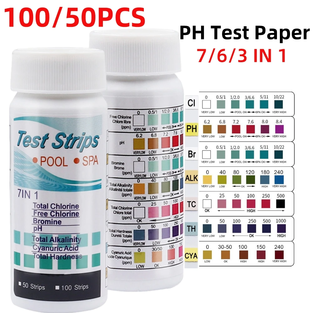 

50/100pcs 3/6/7 in 1 Swimming Pool PH Test Paper Multipurpose Chlorine/PH/Bromine Test Strips Swimming Pool Water Tester Paper