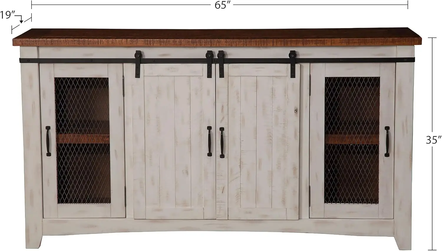 Rustic 65” Solid Wood TV Stand with Storage White and Aged Distressed Pine Multi-function Practical and Convenient