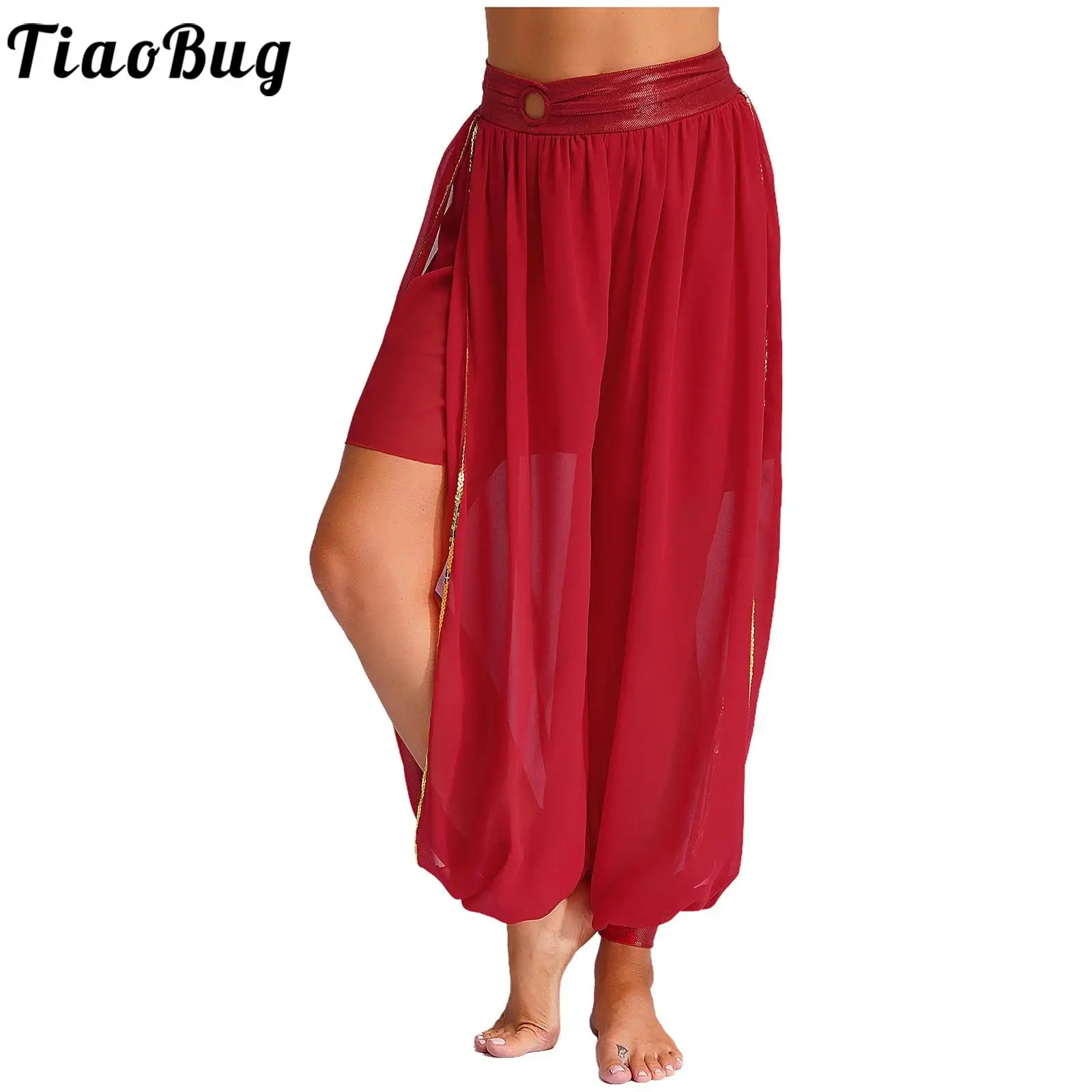 

Womens Belly Dance Harem Pants Sheer Mesh Chiffon Side Split Lantern Pants Arabic Halloween Dancing Bloomers Trousers Costume