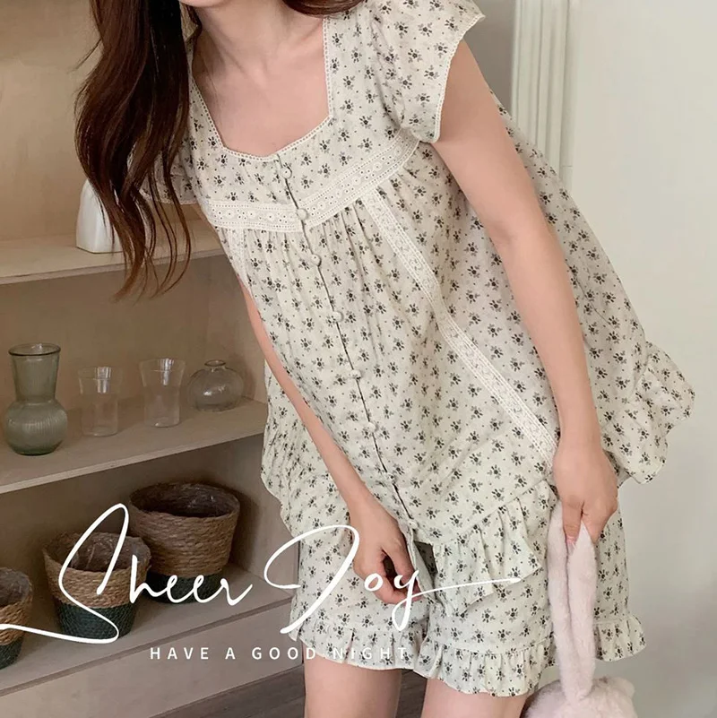 Kawaii Short Sleeve Nightgowns Cute Pure Cotton Korean French Angela Series Print Sets for Women's Home Wear Sleepwear
