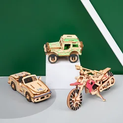 3D drewniane samochody motocykl zestaw puzzli Model DIY Handmade Jigsaw pulpit dekoracje dla dzieci prezent