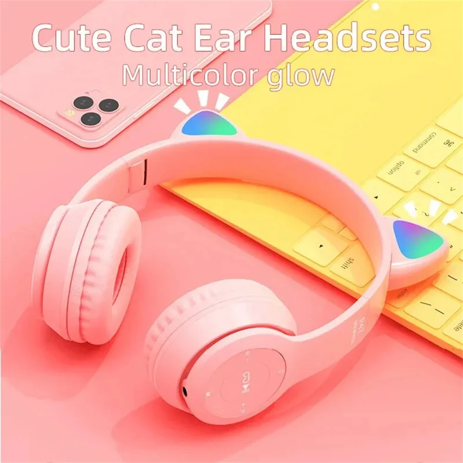 P47M Wireless Bluetooth Headset Gamer Cat LED Light Waterproof Noise Cancelling Earbuds Wireless Headphones Bluetooth Earphones