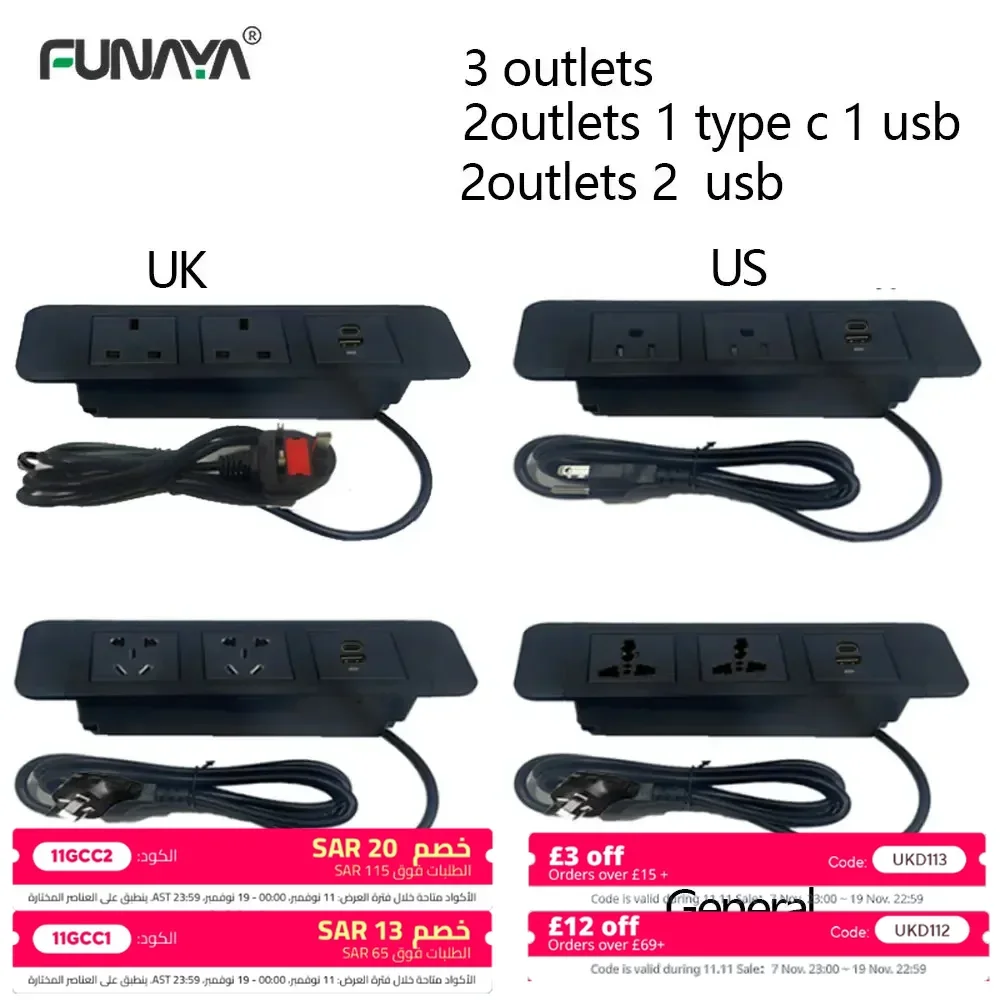

Table Hidden power Sockets EU/UK/US/AU 3 Outlet 2 USB Embedded Power Bedside Table Row Office Desktop 10A 110V 220V Black Socket