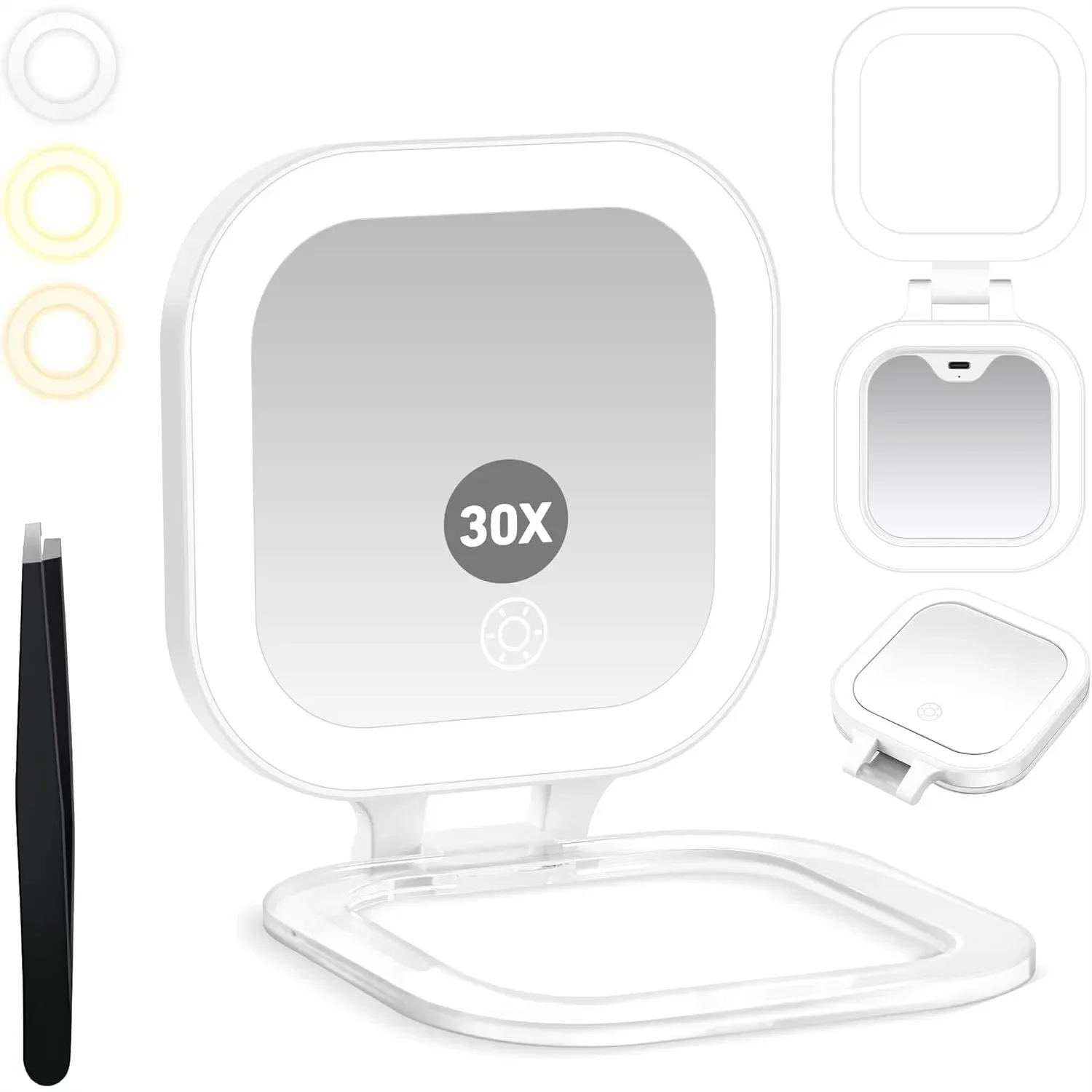 

Compact Travel Mirror with Light, 1x/30x Magnifying Mirror, 3 Color Lights Adjustable Brightness, Small Handheld Pocket Mirror