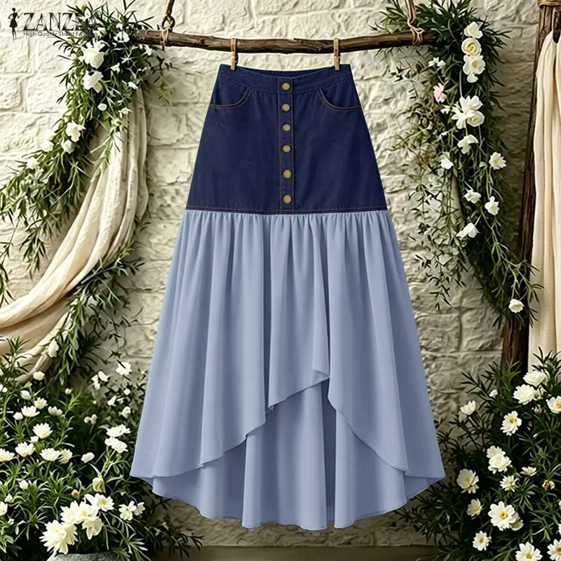 Stylish Women Patchwork Skirt ZANZEA Asymmetrical Overskirt Casual Elastic Waist Baggy Jupe OL Work Faldas Saia Maxi Long Skirt