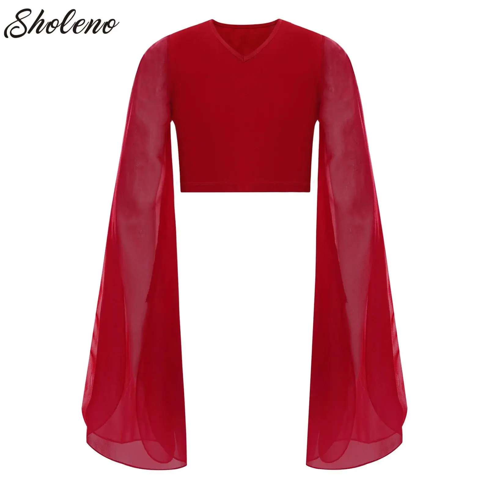 

Kids Girls Elegant Dance Tops V Neck Split Flared Sleeves Crop Top for Classical Dancing Practice Modern Lyrical Performance