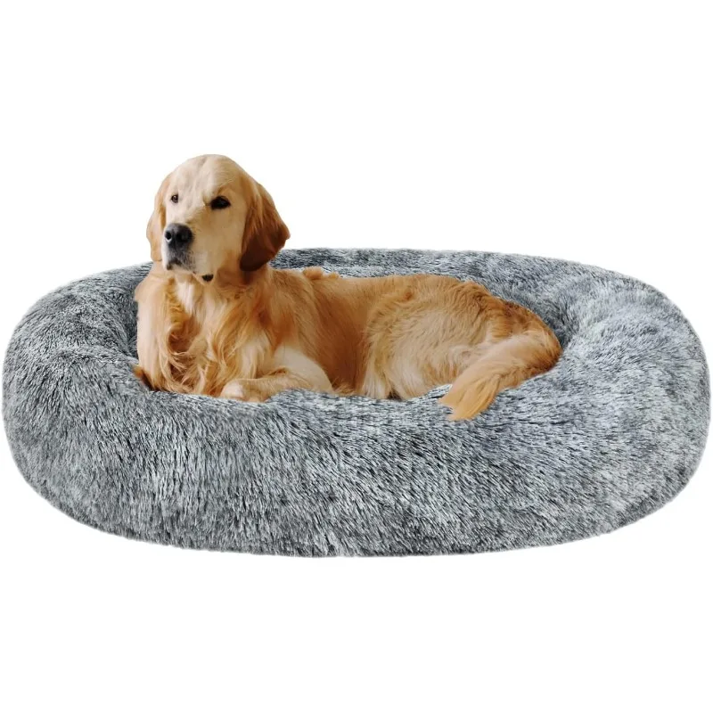 Calming Donut Cuddler Dog Bed,Shag Faux Fur Cat Bed Washable Round Pillow Pet Bed