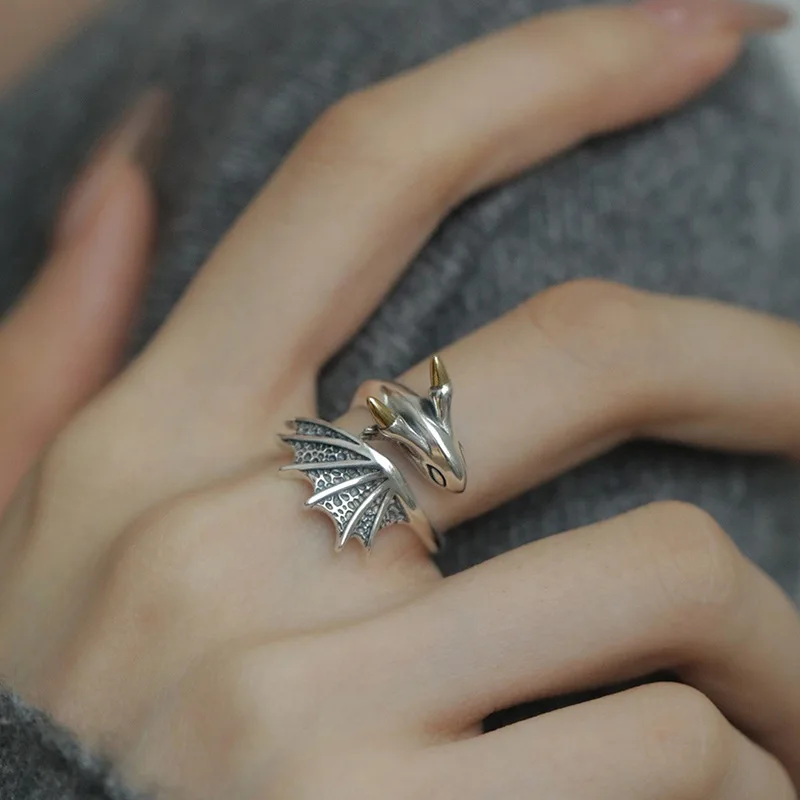 PANJBJ 925 Silve Wing Dragon Punk Ring für Frauen Mädchen Party Geschenk Retro Hiphop Mode Schmuck Dropshipping – Detail 13