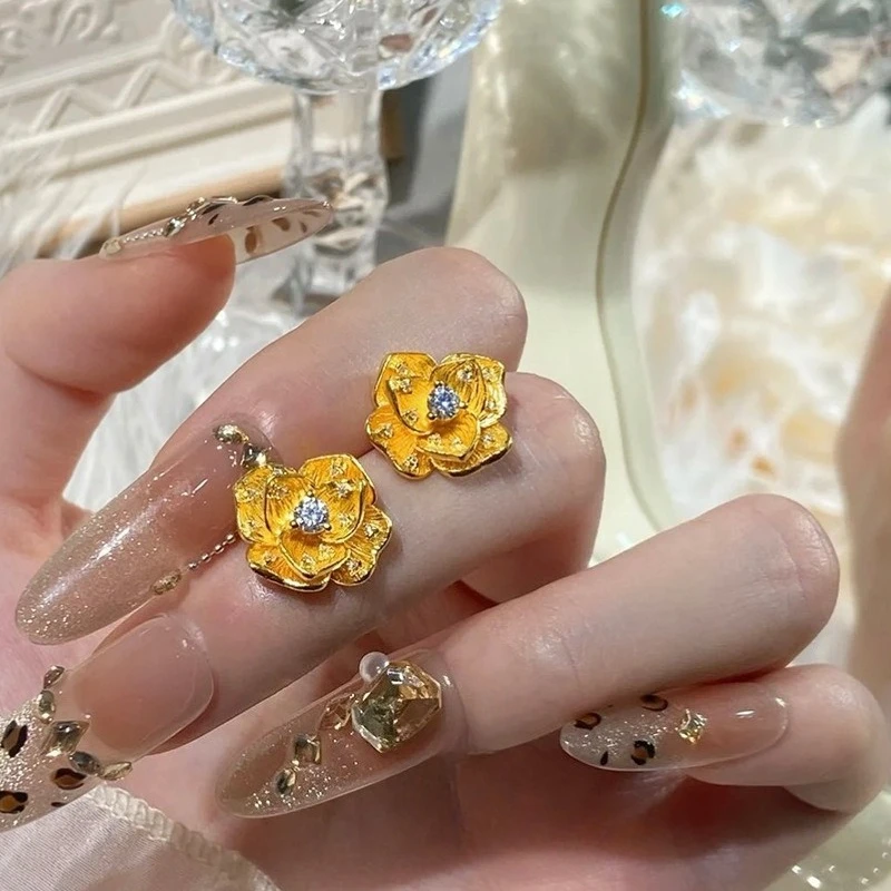 

Pure 14K Gold Color Zircon Camellia Earrings Stud Earring for Women Bride Wedding Engagement Fine Jewelry Earring Gifts