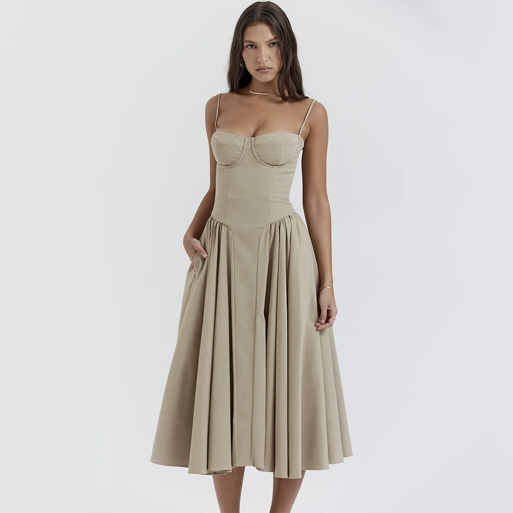 Sommer Frauen elegante ärmellose rücken freie Falten kleider Dame sexy feste Schlinge Midi-Kleid 2024 weibliche Party Abend A-Linie Roben – Detail 12