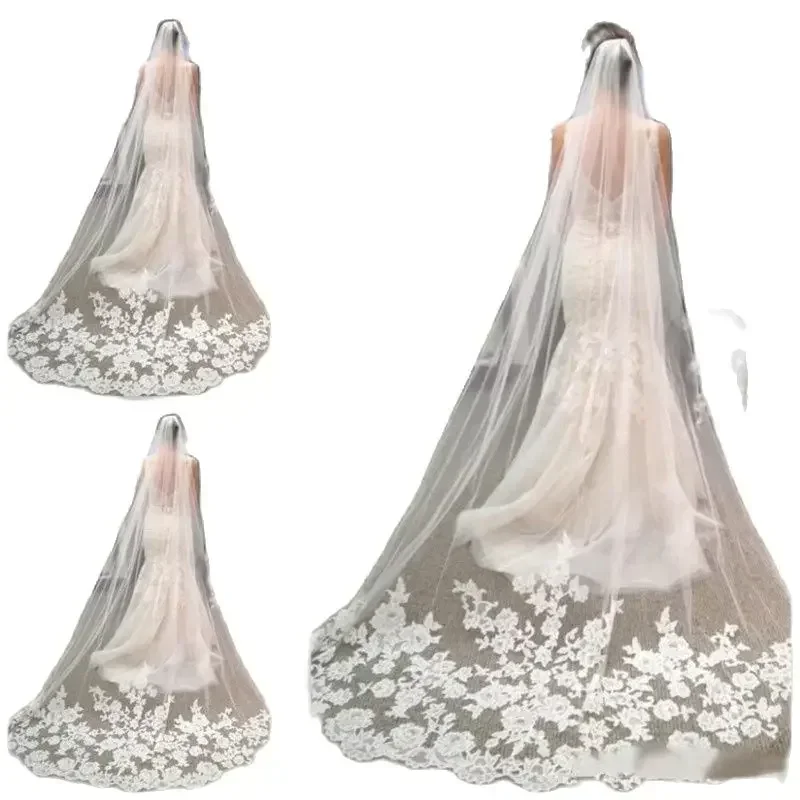 

Длинная вуаль, дешевые аксессуары для волос, длина часовни, кружевная аппликация, край, тюль, свадебная свадьба