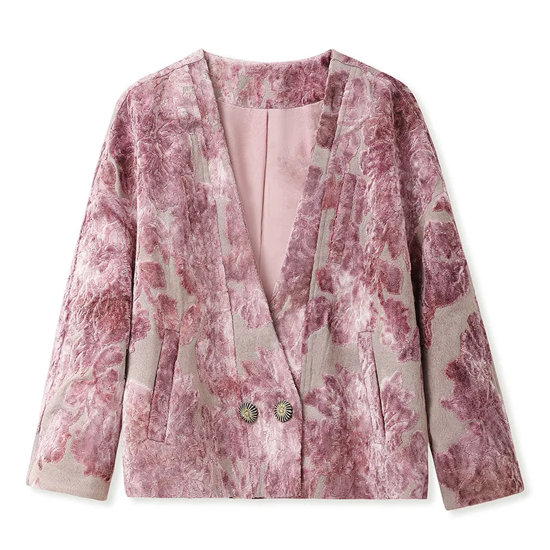 Spring and Autumn Chinese Style High-end Pink Velvet Embroidered Fashion Top V-neck Loose High-end Jacket