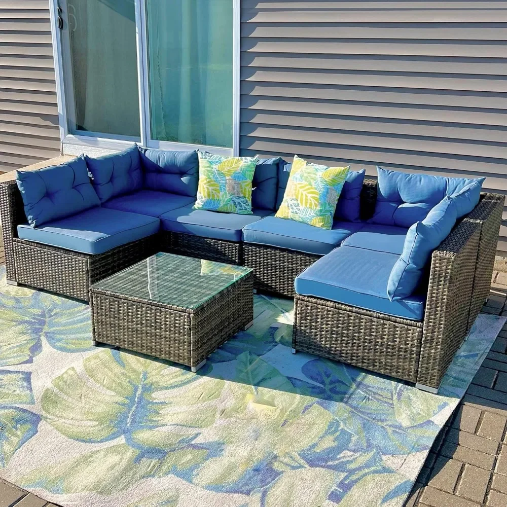 7 Pieces Patio Furniture Set,All-Weather PE Rattan Conversation Set,Wicker Outside Sectional Sofa Couch Table and Cushions