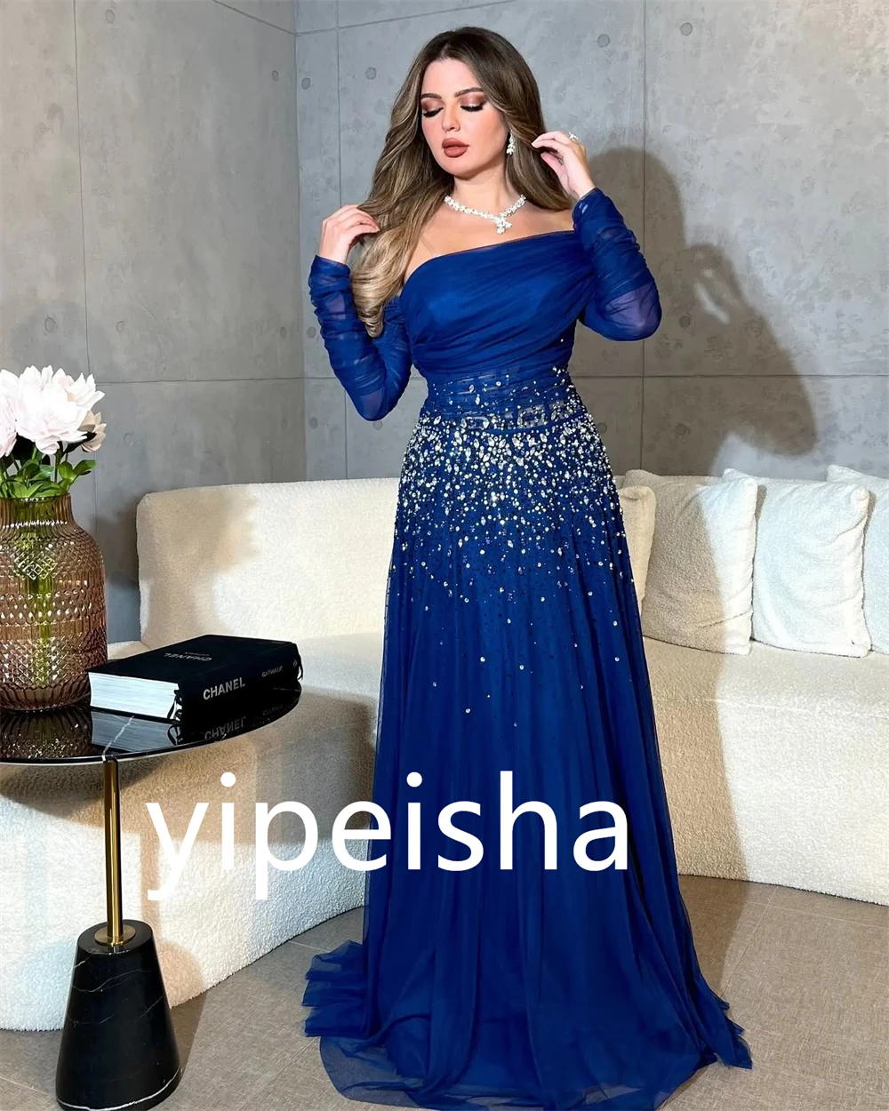 Customized Sparkle Elegant Off-the-shoulder A-line Party Dress Beading Shirred Floor length Organza Evening