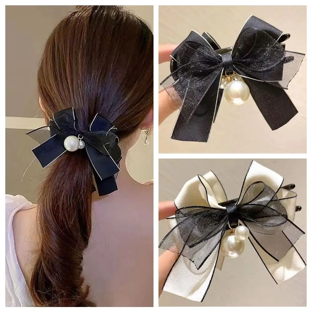 Mesh Bowknot Hair Claw Pearl Banana Clip Bowknot Vertical Clip Crab Clip Hairpin Bowknot Ponytail Holder Straight Hair