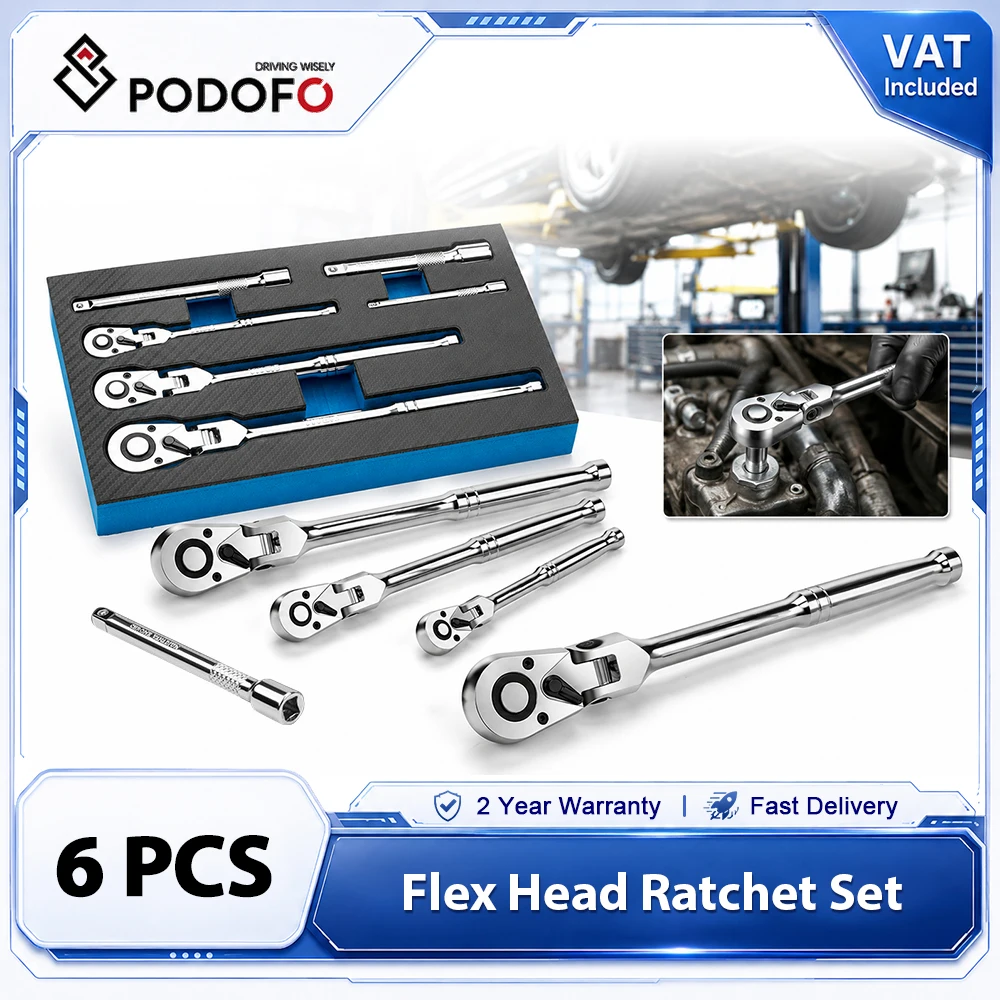 Podofo Set di 6 Chiavi a Cricchetto con Testa Flessibile a 72 Denti, Attacco 1/4" 3/8" 1/2", Regolabile 180 ° Set di utensili a cricchetto con manico lungo a sgancio rapido e vassoio in schiuma EVA