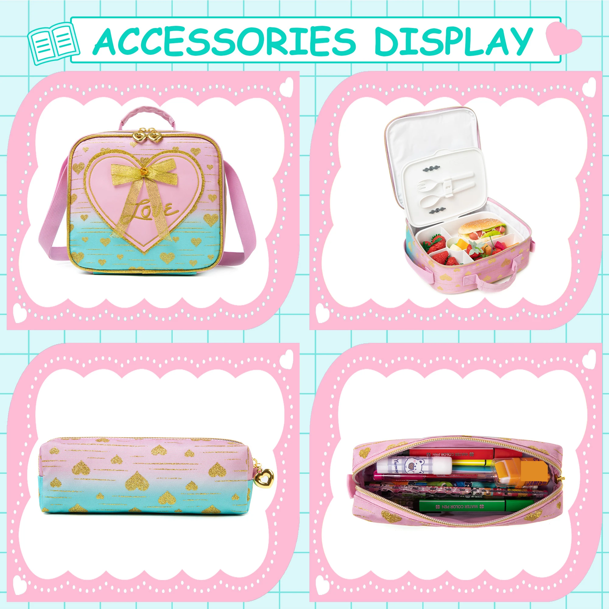 Girls Canvas Backpack Set with Lunch Box, School Laptop Bookbag for Elementary Students