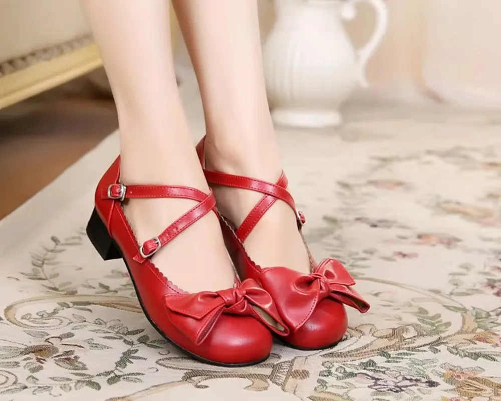 Japanese Sweet Lolita Princess Cosplay Costume Shoes Cute Bow Low Heel Round Head Black/White/Blue Flat Platform Comic Shoes
